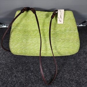 NWT Kim Rogers Green Woven Straw Handbag Wood Bamboo‎ Straps